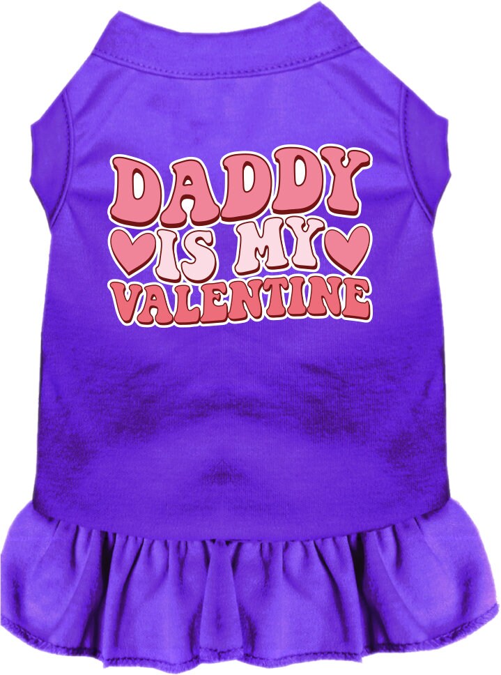 A cute pet dress for dogs and cats, featuring a ruffled bottom and the text 'Daddy Is My Valentine' in a playful font.