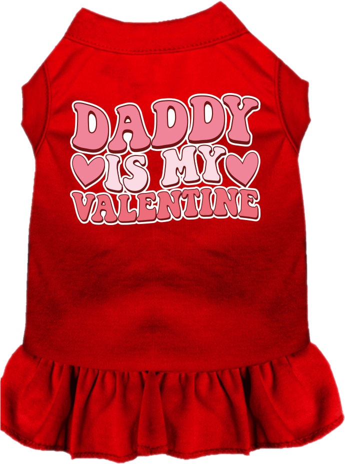 A cute pet dress for dogs and cats, featuring a ruffled bottom and the text 'Daddy Is My Valentine' in a playful font.