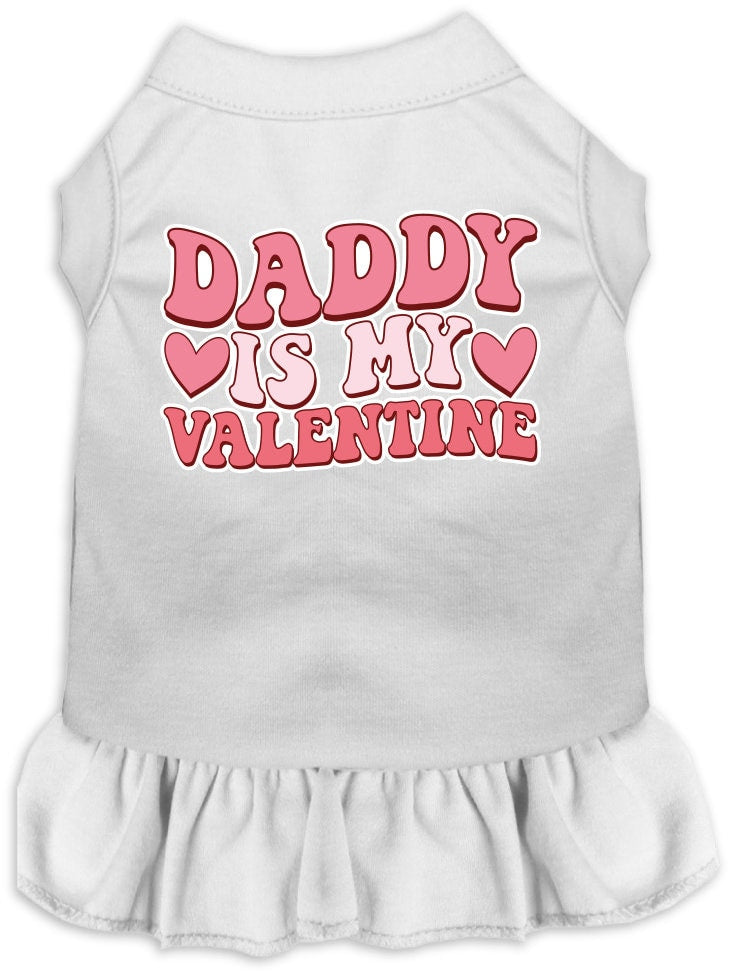 A cute pet dress for dogs and cats, featuring a ruffled bottom and the text 'Daddy Is My Valentine' in a playful font.
