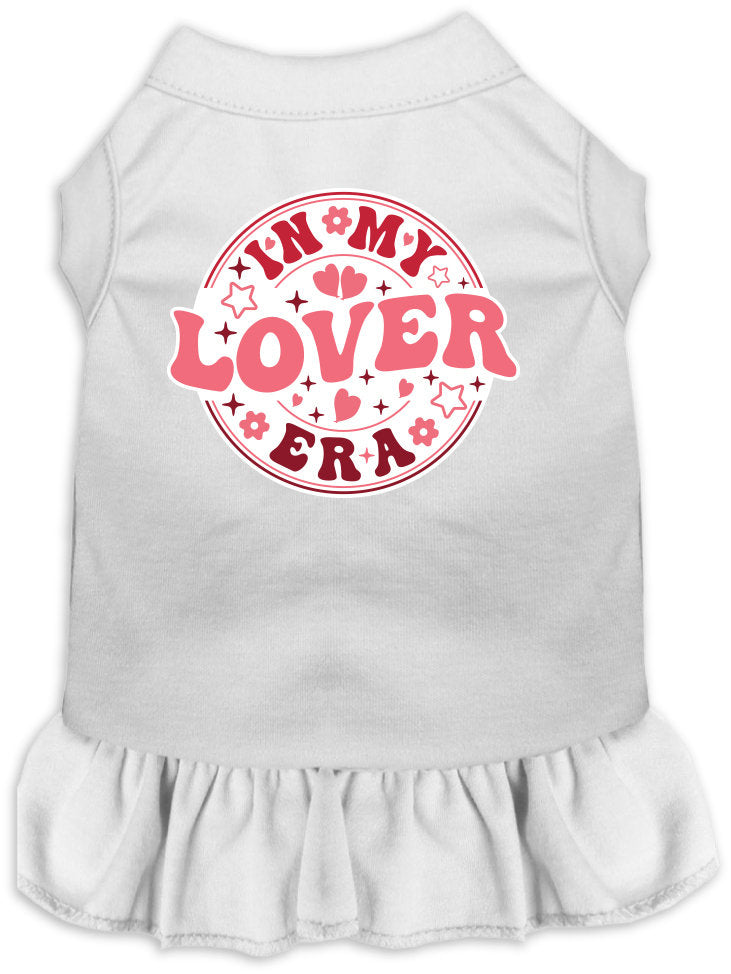 A medium to large pet wearing a stylish screen printed dress with ruffles, featuring the phrase 'In My Lover Era'.