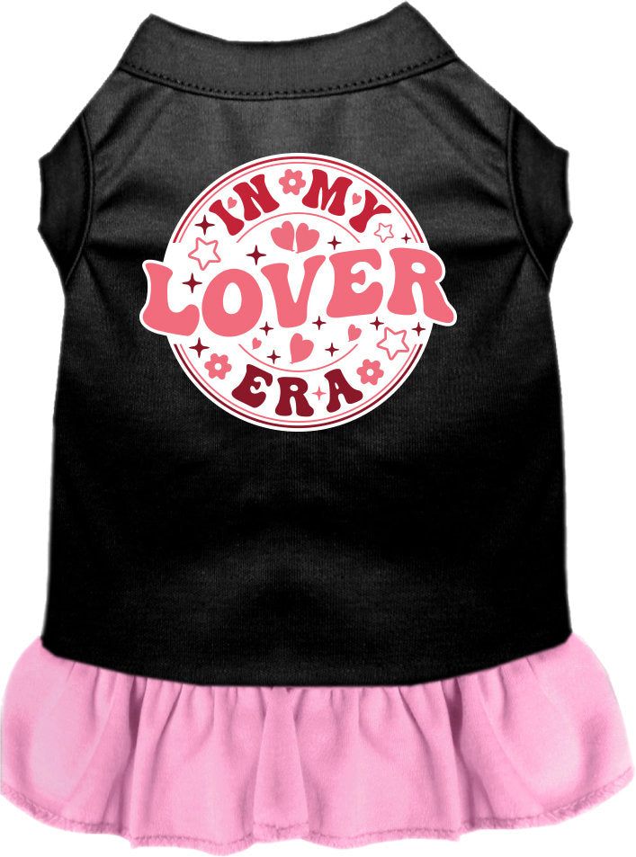 A medium to large pet wearing a stylish screen printed dress with ruffles, featuring the phrase 'In My Lover Era'.