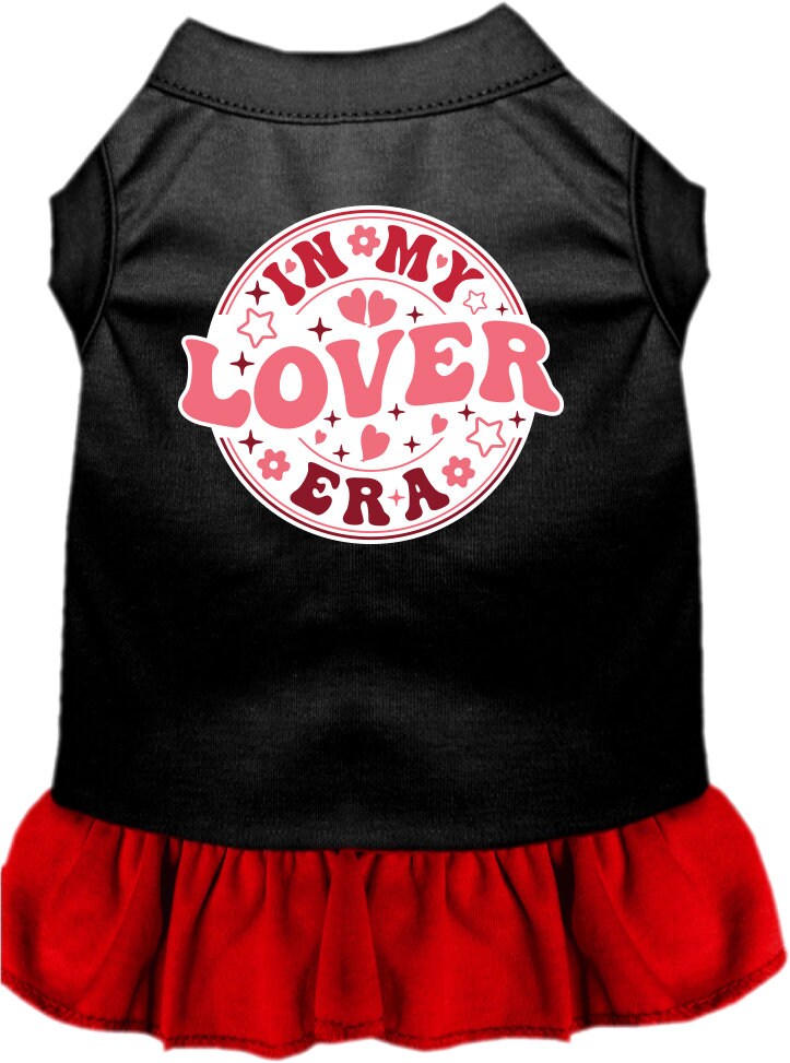 A medium to large pet wearing a stylish screen printed dress with ruffles, featuring the phrase 'In My Lover Era'.