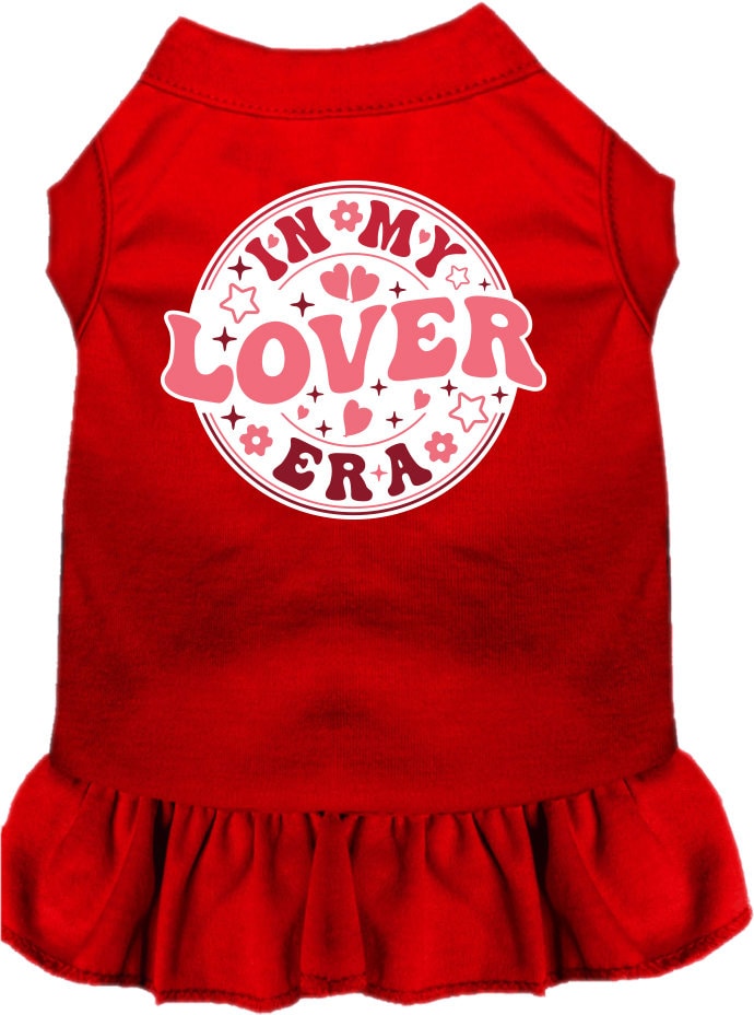 A medium to large pet wearing a stylish screen printed dress with ruffles, featuring the phrase 'In My Lover Era'.