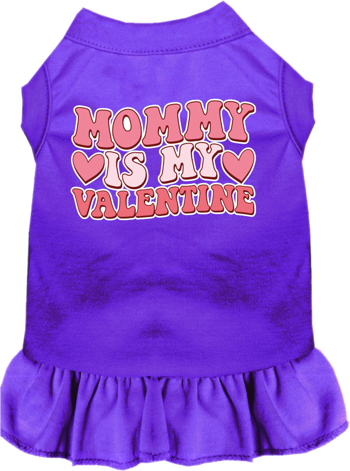 A medium to large pet wearing a cute screen printed dress with ruffles, featuring the text 'Mommy Is My Valentine'.