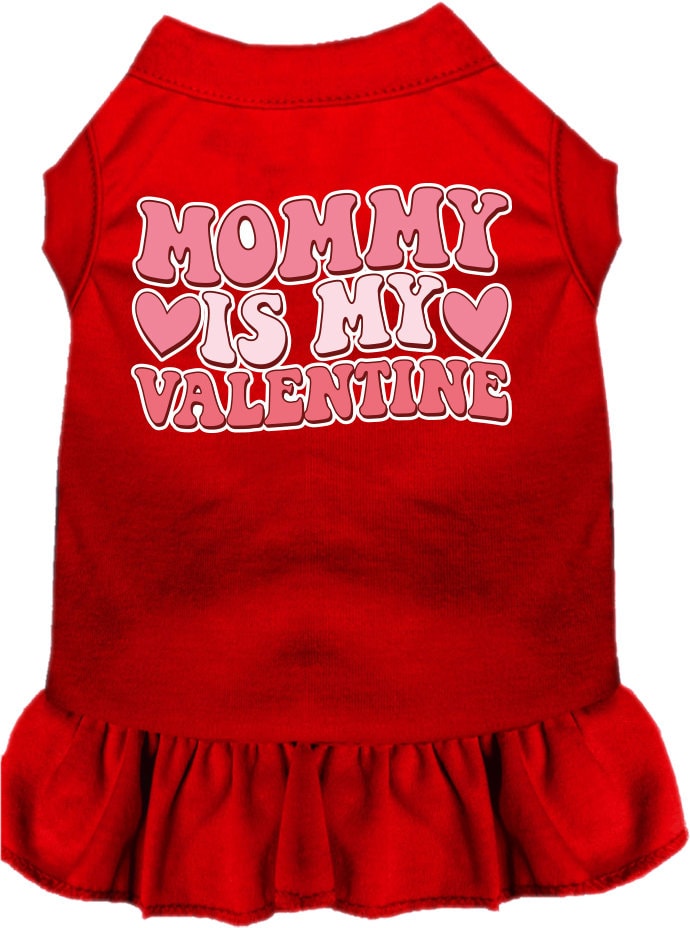 A medium to large pet wearing a cute screen printed dress with ruffles, featuring the text 'Mommy Is My Valentine'.