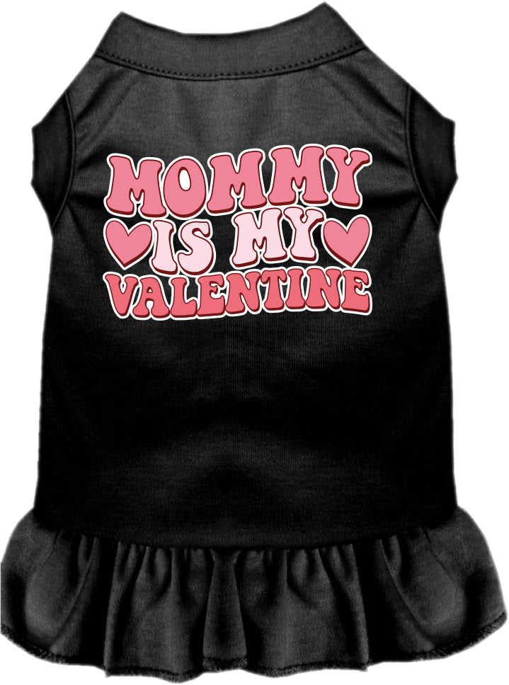A medium to large pet wearing a cute screen printed dress with ruffles, featuring the text 'Mommy Is My Valentine'.