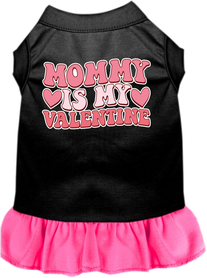 A medium to large pet wearing a cute screen printed dress with ruffles, featuring the text 'Mommy Is My Valentine'.