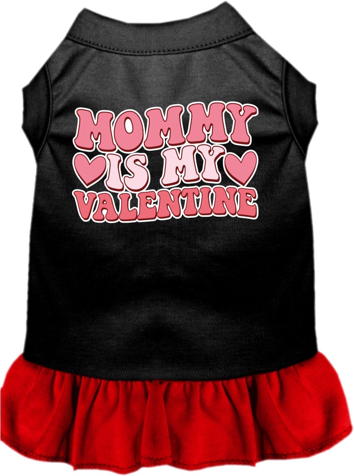A medium to large pet wearing a cute screen printed dress with ruffles, featuring the text 'Mommy Is My Valentine'.