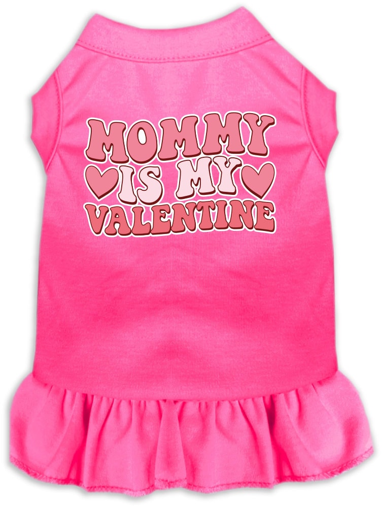 A medium to large pet wearing a cute screen printed dress with ruffles, featuring the text 'Mommy Is My Valentine'.