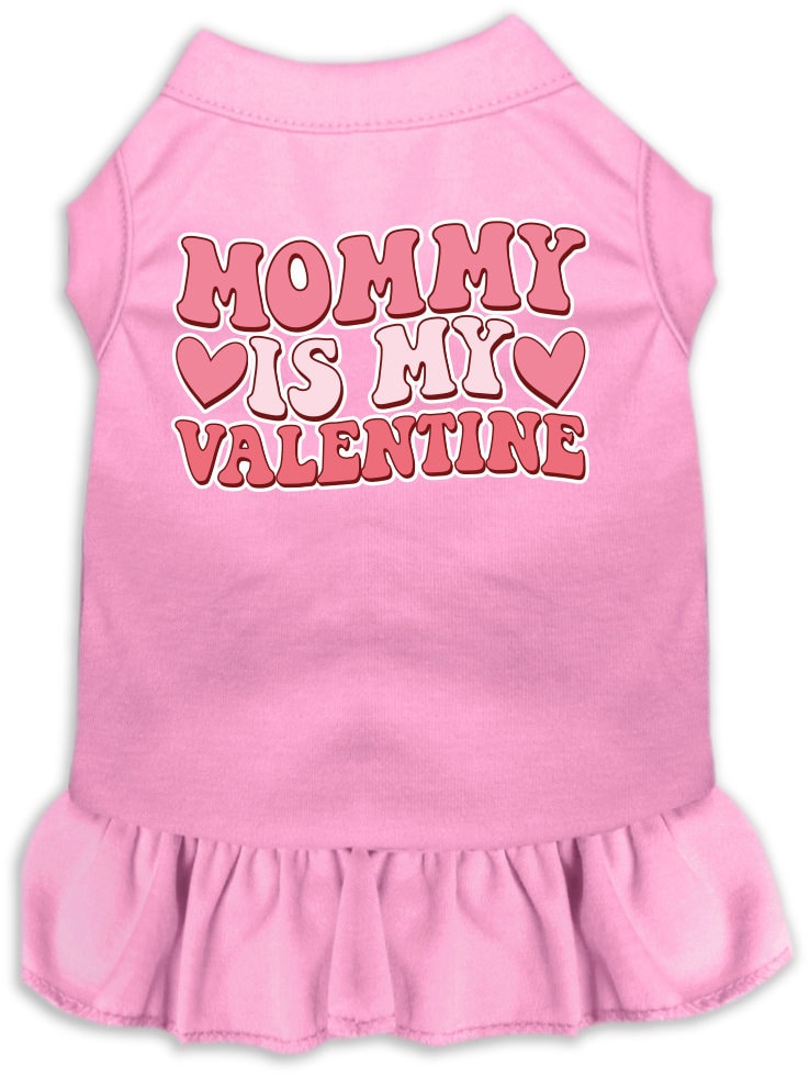 A medium to large pet wearing a cute screen printed dress with ruffles, featuring the text 'Mommy Is My Valentine'.