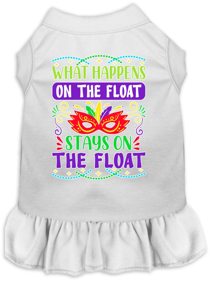 A medium to large pet wearing a cute screen printed dress with ruffles, featuring the phrase 'What Happens On The Float, Stays On The Float'.