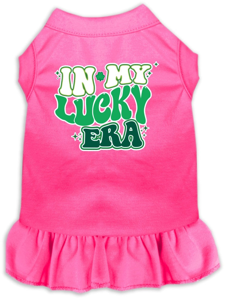 A medium to large pet wearing a stylish screen printed dress with ruffles, featuring the phrase 'In My Lucky Era'.