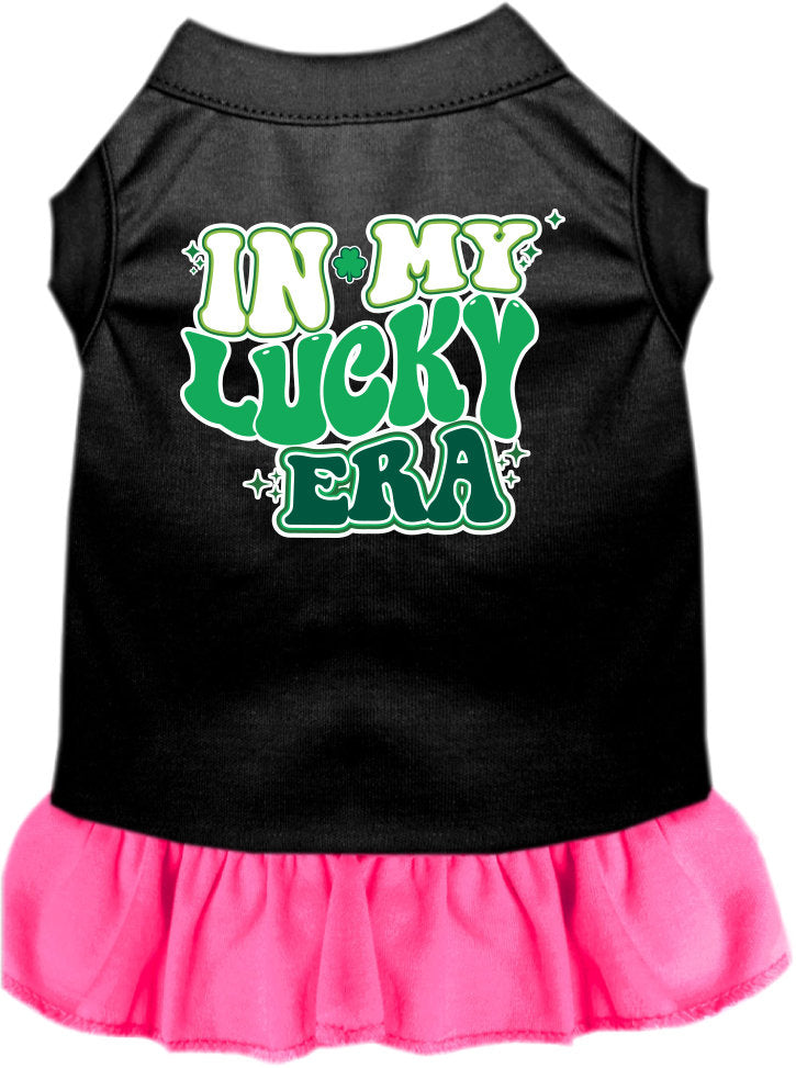 A medium to large pet wearing a stylish screen printed dress with ruffles, featuring the phrase 'In My Lucky Era'.