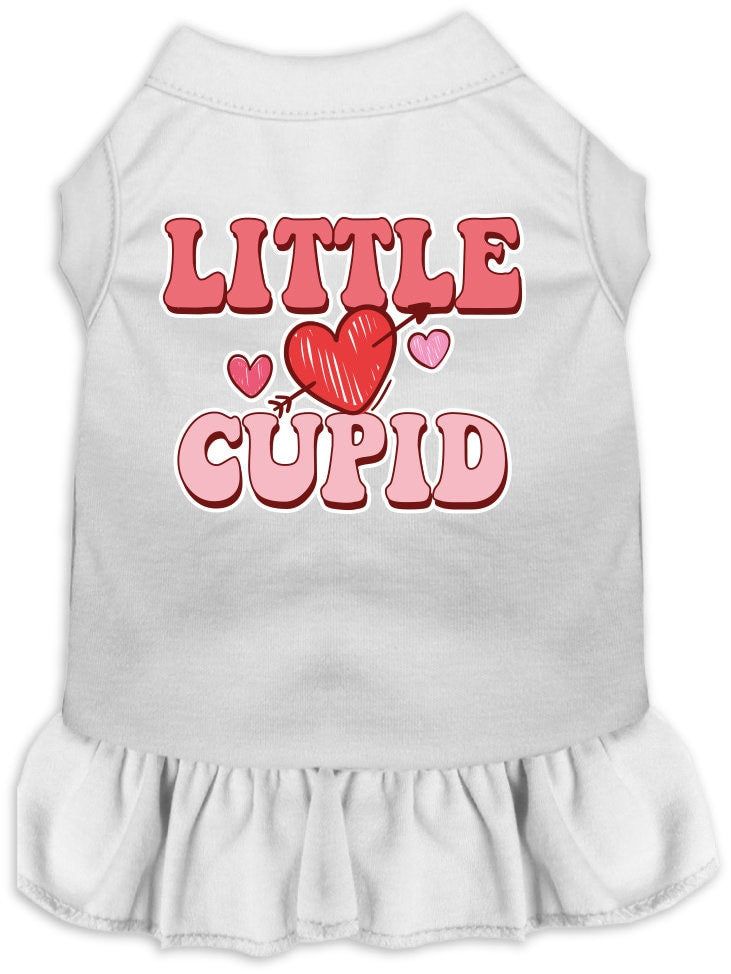 A medium to large pet wearing a cute screen printed dress with ruffles, featuring the design 'Little Cupid'.