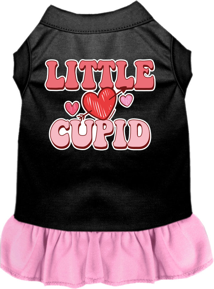 A medium to large pet wearing a cute screen printed dress with ruffles, featuring the design 'Little Cupid'.