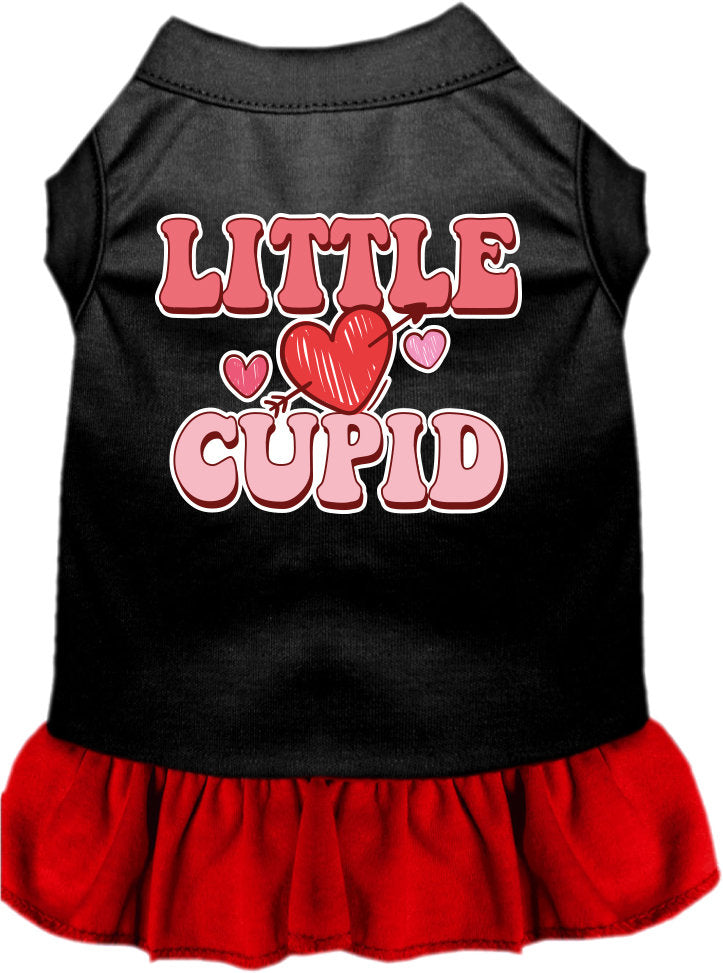 A medium to large pet wearing a cute screen printed dress with ruffles, featuring the design 'Little Cupid'.