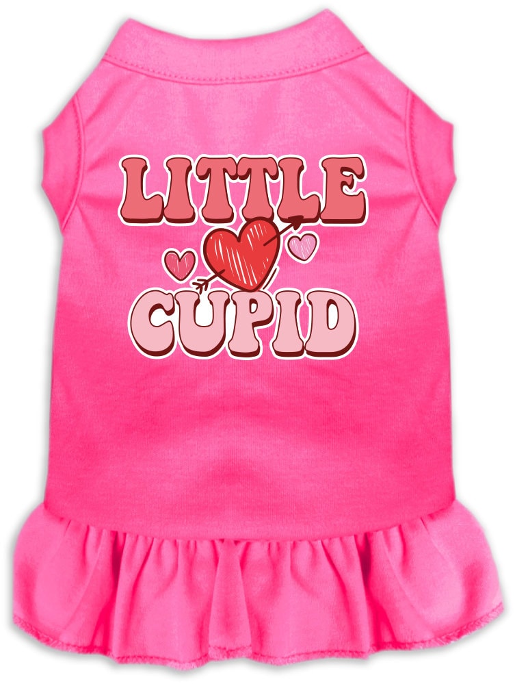 A medium to large pet wearing a cute screen printed dress with ruffles, featuring the design 'Little Cupid'.