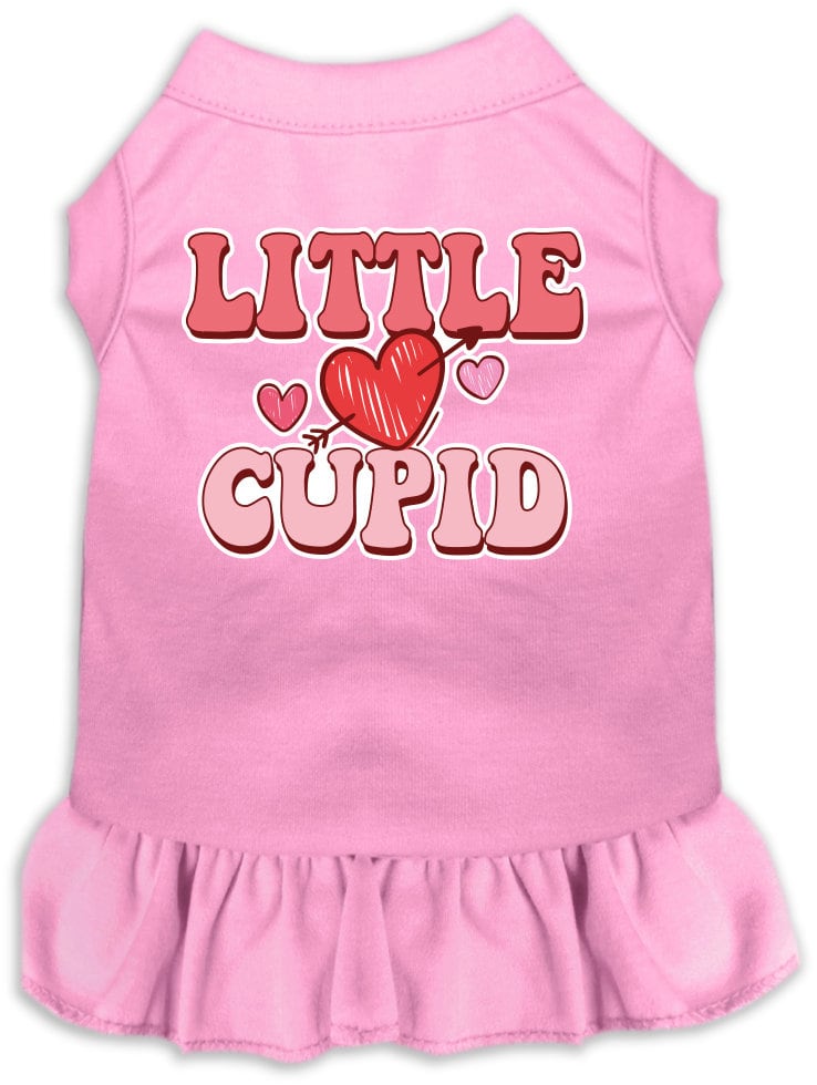 A medium to large pet wearing a cute screen printed dress with ruffles, featuring the design 'Little Cupid'.