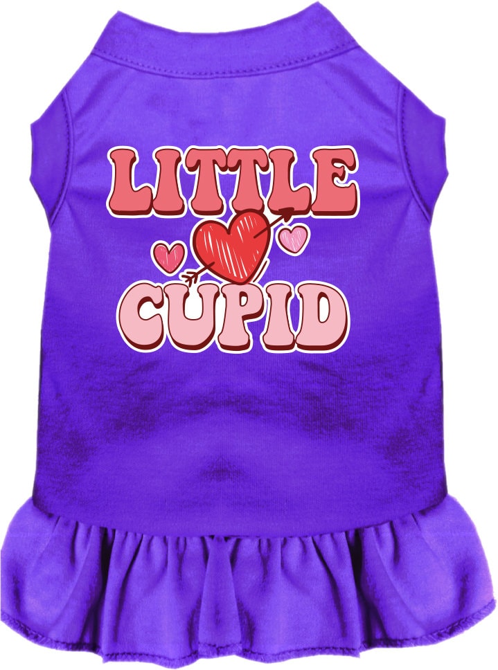A medium to large pet wearing a cute screen printed dress with ruffles, featuring the design 'Little Cupid'.