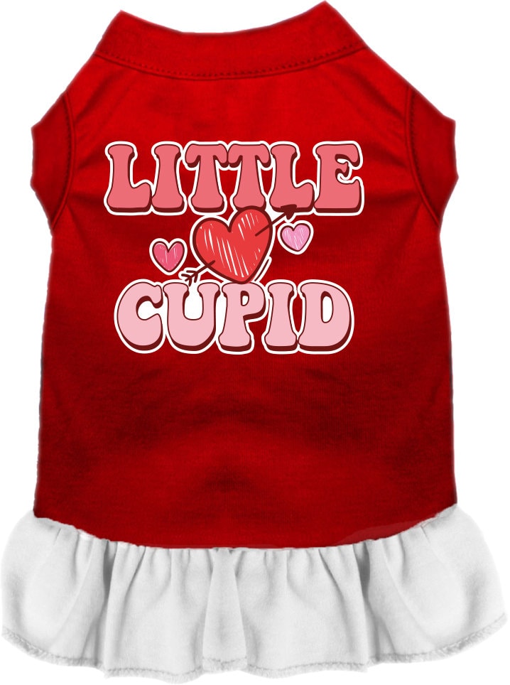 A medium to large pet wearing a cute screen printed dress with ruffles, featuring the design 'Little Cupid'.