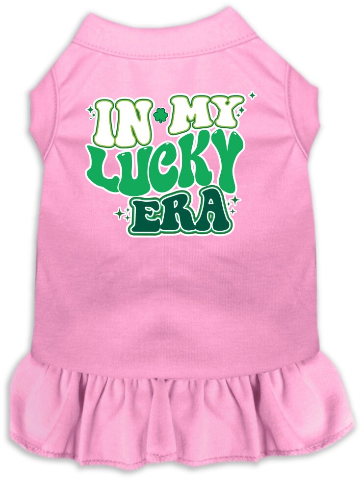 A small to medium pet wearing a stylish screen printed dress with ruffles, featuring the text 'In My Lucky Era'.