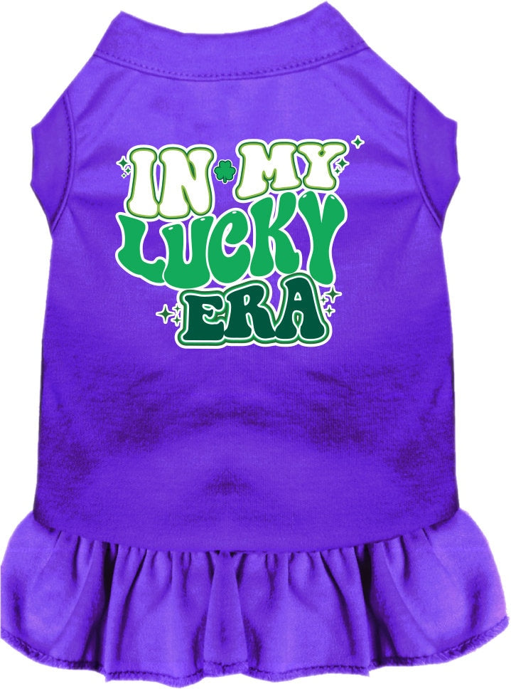 A small to medium pet wearing a stylish screen printed dress with ruffles, featuring the text 'In My Lucky Era'.