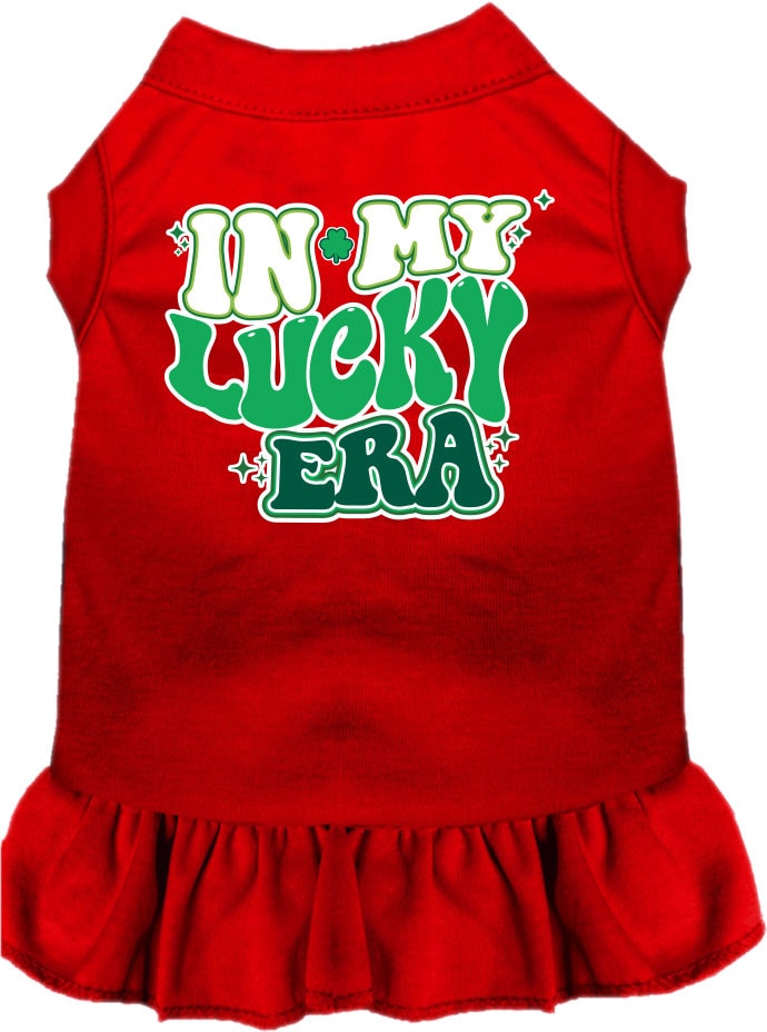 A small to medium pet wearing a stylish screen printed dress with ruffles, featuring the text 'In My Lucky Era'.