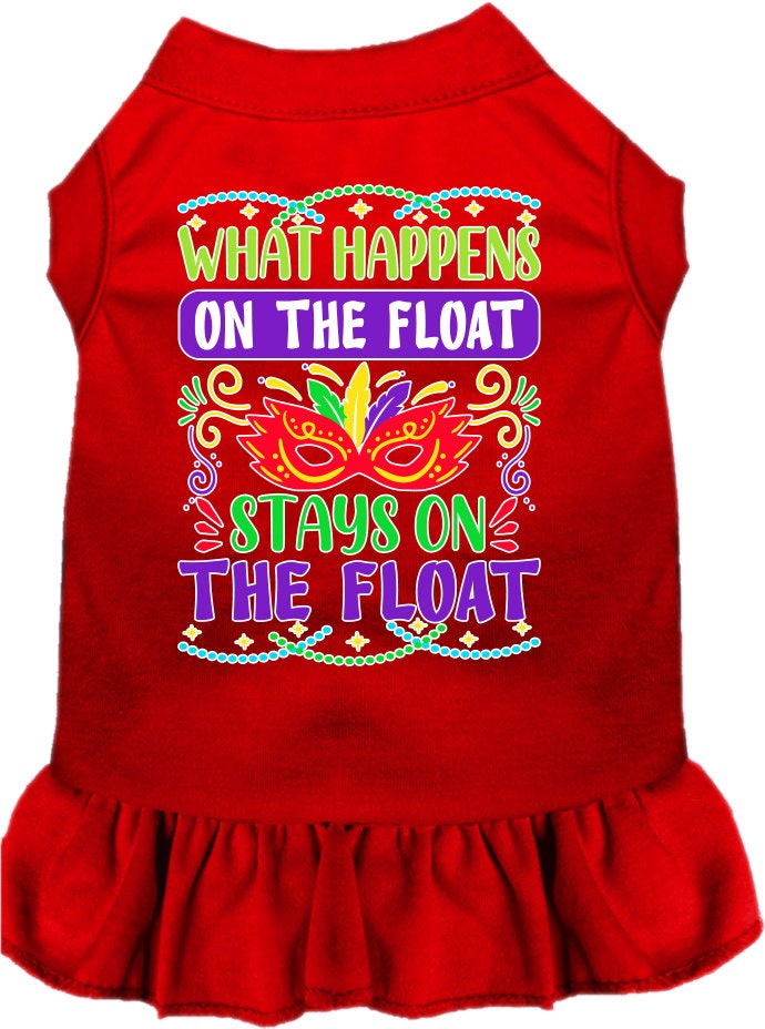 A small to medium pet wearing a cute screen printed dress with ruffles, featuring the slogan 'What Happens On The Float, Stays On The Float'.