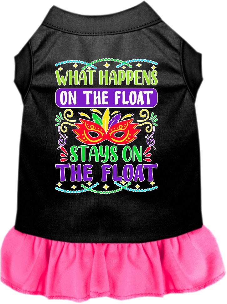 A small to medium pet wearing a cute screen printed dress with ruffles, featuring the slogan 'What Happens On The Float, Stays On The Float'.
