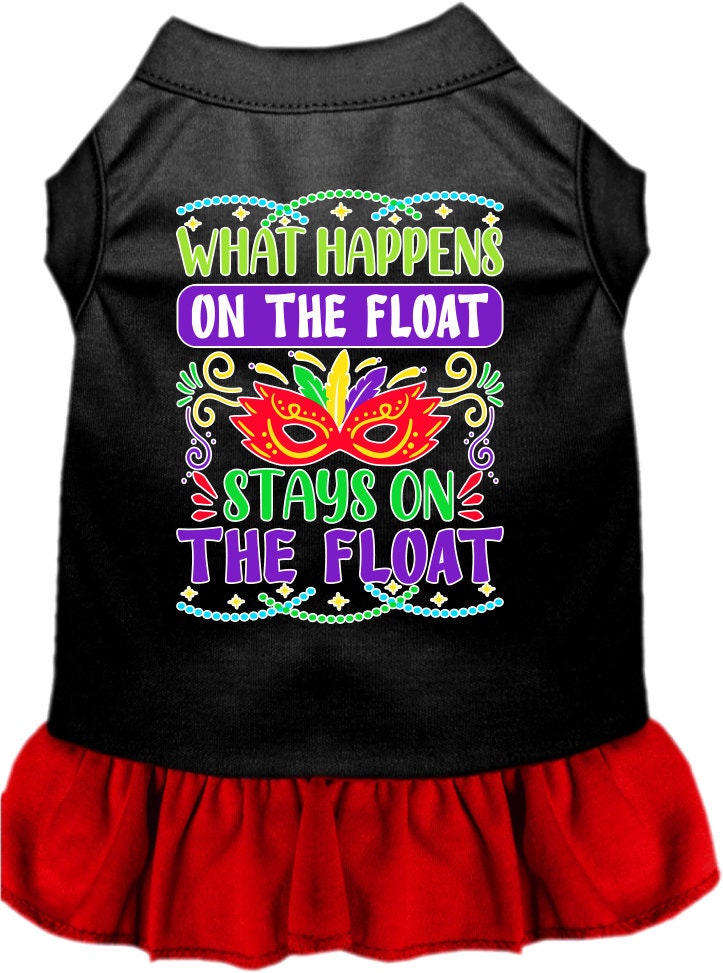 A small to medium pet wearing a cute screen printed dress with ruffles, featuring the slogan 'What Happens On The Float, Stays On The Float'.