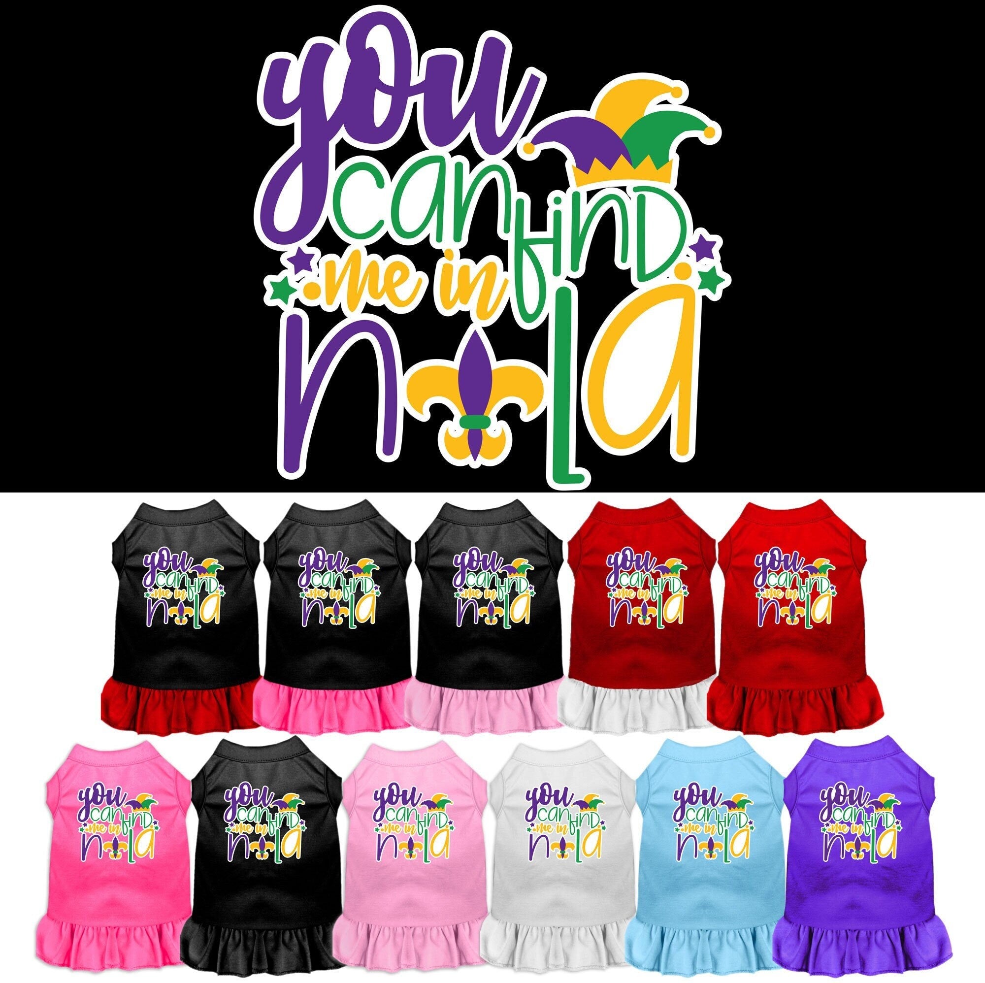 A small to medium pet wearing a stylish screen printed dress with ruffles, featuring the text 'You Can Find Me In Nola'.