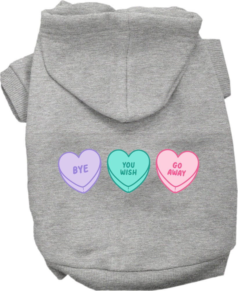 A cozy screen printed hoodie for small to medium pets featuring an anti-Valentine's hearts design, perfect for dogs and cats.