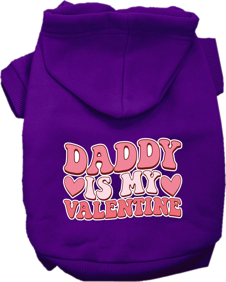 A soft and warm pet hoodie for dogs and cats, featuring the text 'Daddy Is My Valentine', designed for small to medium pets.