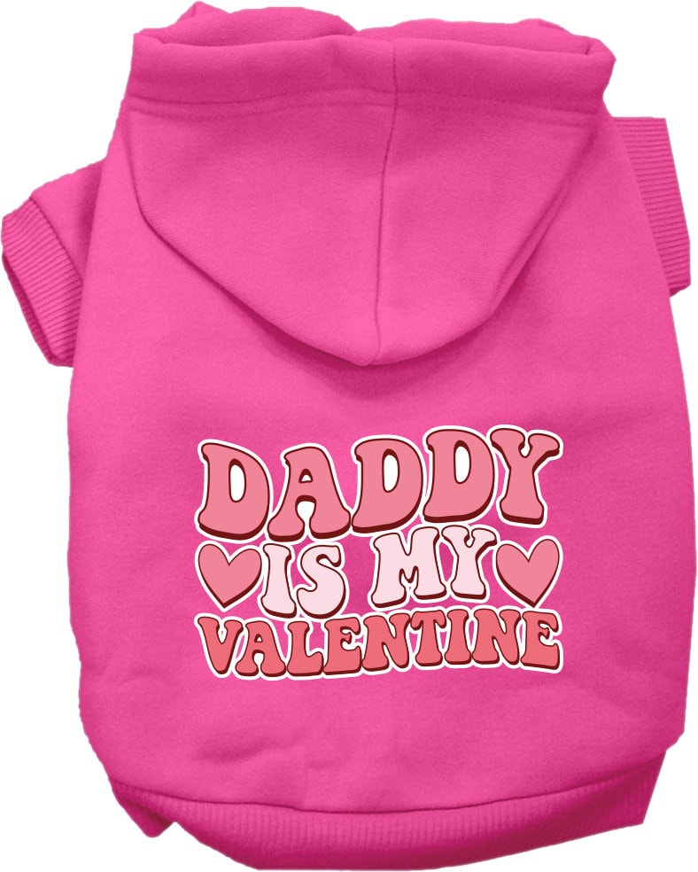 A soft and warm pet hoodie for dogs and cats, featuring the text 'Daddy Is My Valentine', designed for small to medium pets.