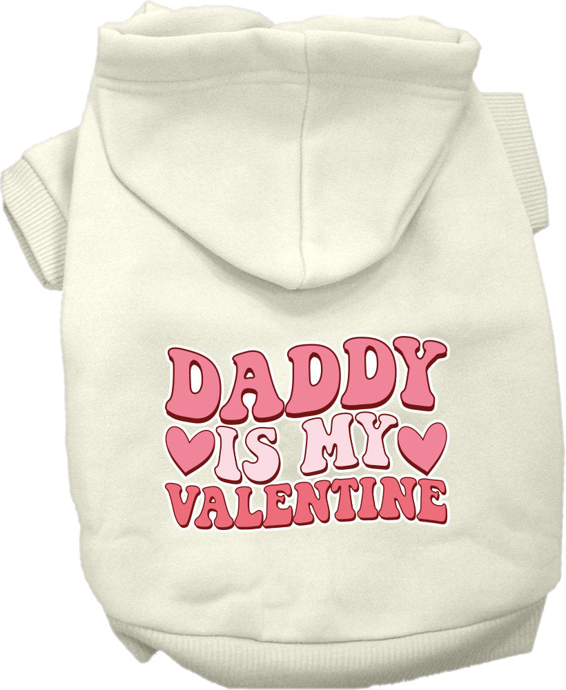 A soft and warm pet hoodie for dogs and cats, featuring the text 'Daddy Is My Valentine', designed for small to medium pets.