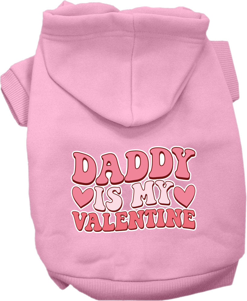 A soft and warm pet hoodie for dogs and cats, featuring the text 'Daddy Is My Valentine', designed for small to medium pets.