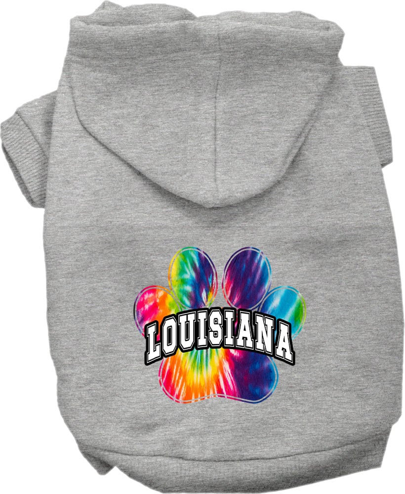 A vibrant Louisiana Bright Tie Dye hoodie designed for medium to large dogs and cats, showcasing its soft fabric and convenient leash access hole.