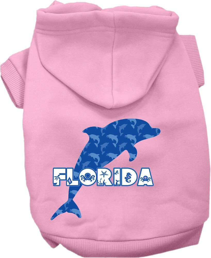 A cozy screen printed hoodie for medium to large pets featuring a Florida Blue Dolphins design, perfect for dogs and cats.