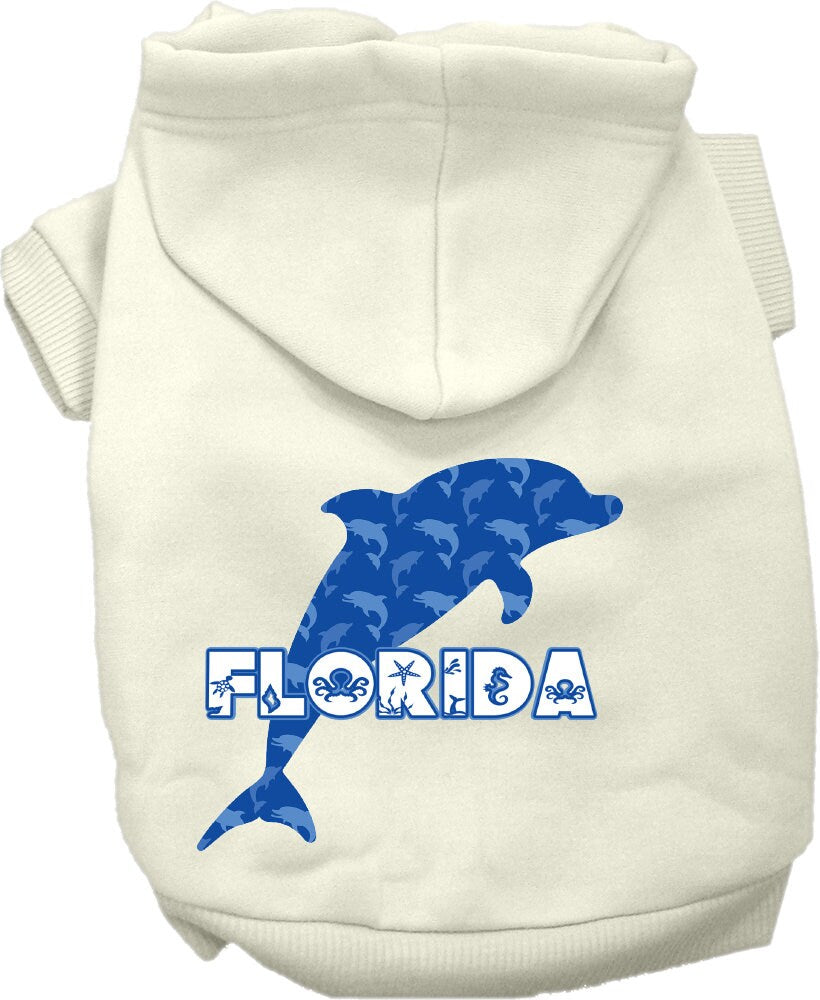 A cozy screen printed hoodie for medium to large pets featuring a Florida Blue Dolphins design, perfect for dogs and cats.