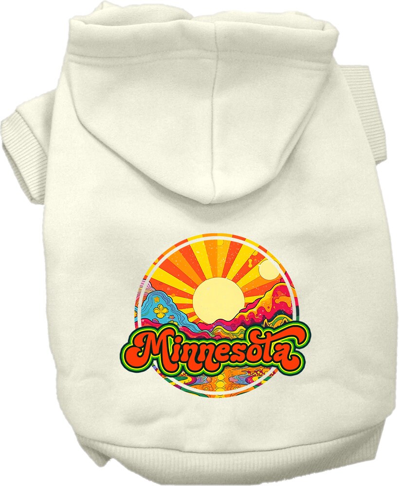 A cozy screen printed hoodie for medium to large pets, featuring a Minnesota Mellow Mountain design, perfect for dogs and cats.
