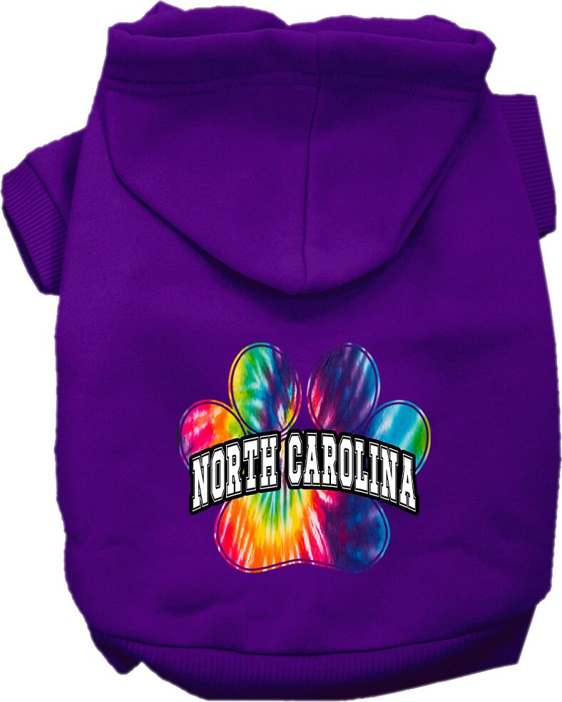 A vibrant tie-dye hoodie for medium to large pets, featuring a soft fabric blend and a convenient leash access hole.