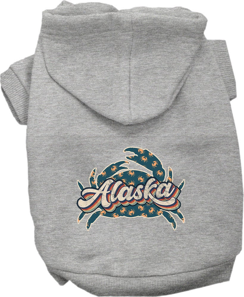 A cozy screen printed hoodie for medium to large pets featuring a unique Alaska Retro Crabs design, perfect for chilly weather.
