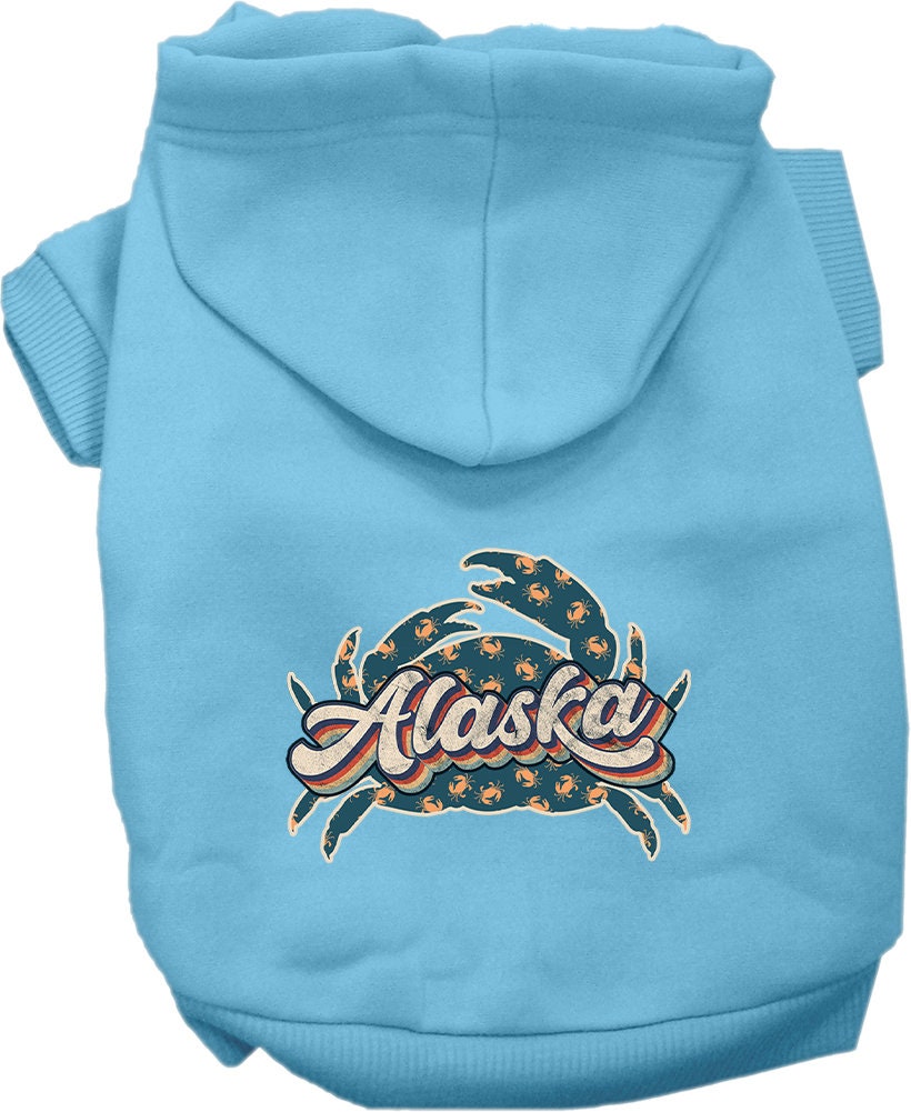 A cozy screen printed hoodie for medium to large pets featuring a unique Alaska Retro Crabs design, perfect for chilly weather.