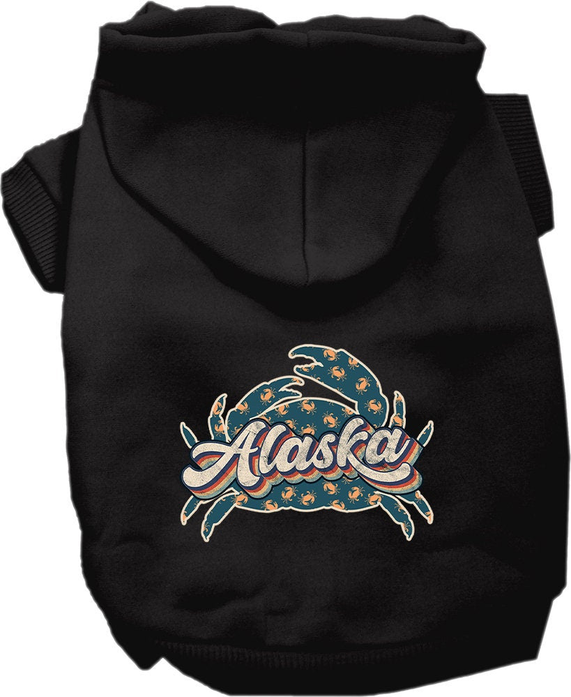 A cozy screen printed hoodie for medium to large pets featuring a unique Alaska Retro Crabs design, perfect for chilly weather.