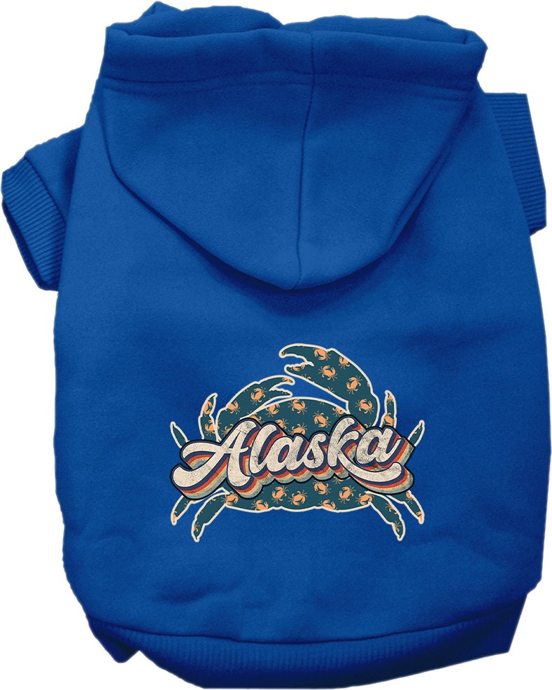 A cozy screen printed hoodie for medium to large pets featuring a unique Alaska Retro Crabs design, perfect for chilly weather.