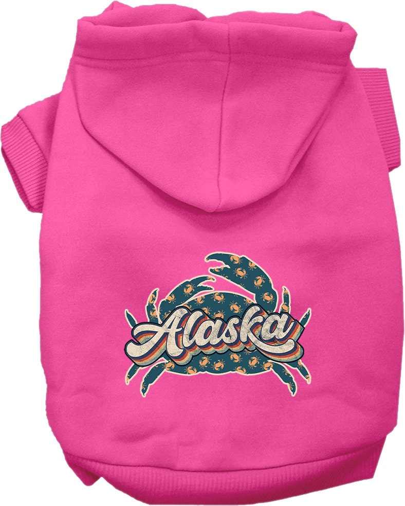 A cozy screen printed hoodie for medium to large pets featuring a unique Alaska Retro Crabs design, perfect for chilly weather.