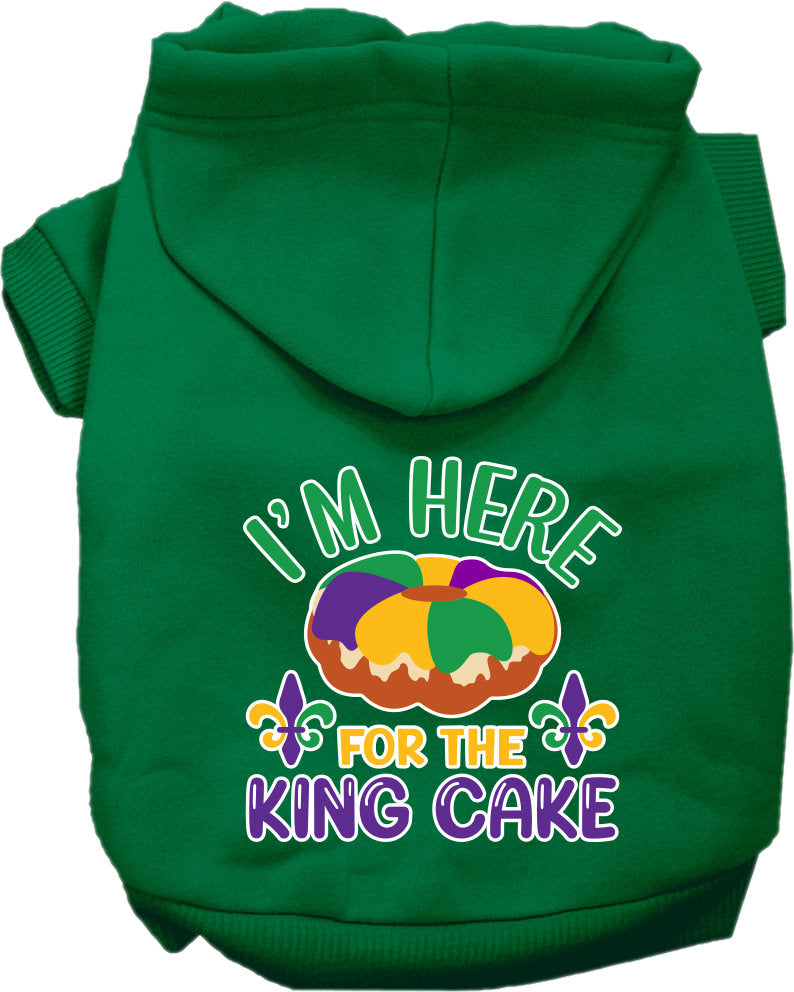A cozy screen printed hoodie for medium to large pets featuring the phrase 'I'm Here For The King Cake', designed for comfort and durability.