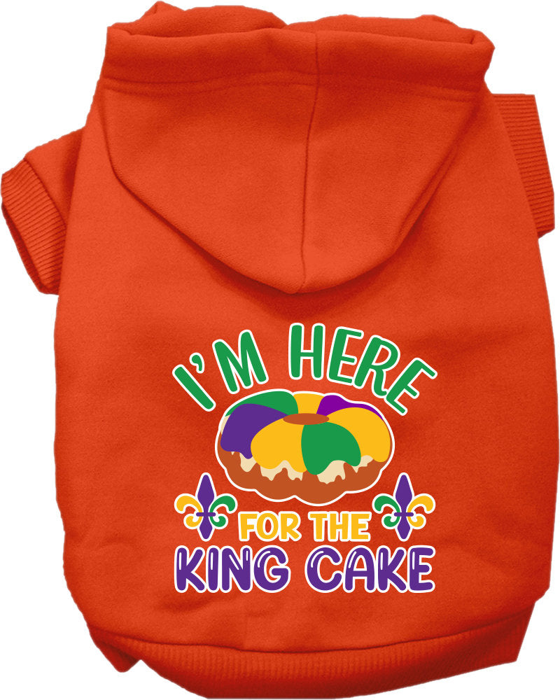 A cozy screen printed hoodie for medium to large pets featuring the phrase 'I'm Here For The King Cake', designed for comfort and durability.