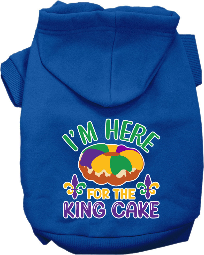 A cozy screen printed hoodie for medium to large pets featuring the phrase 'I'm Here For The King Cake', designed for comfort and durability.