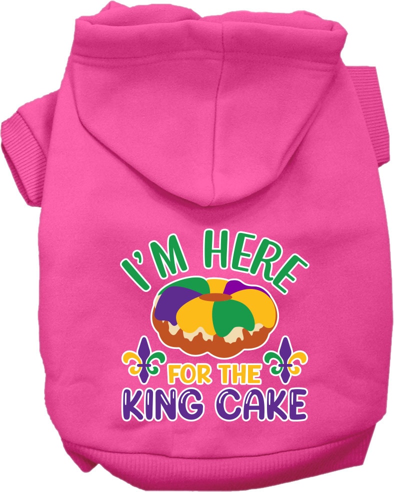 A cozy screen printed hoodie for medium to large pets featuring the phrase 'I'm Here For The King Cake', designed for comfort and durability.